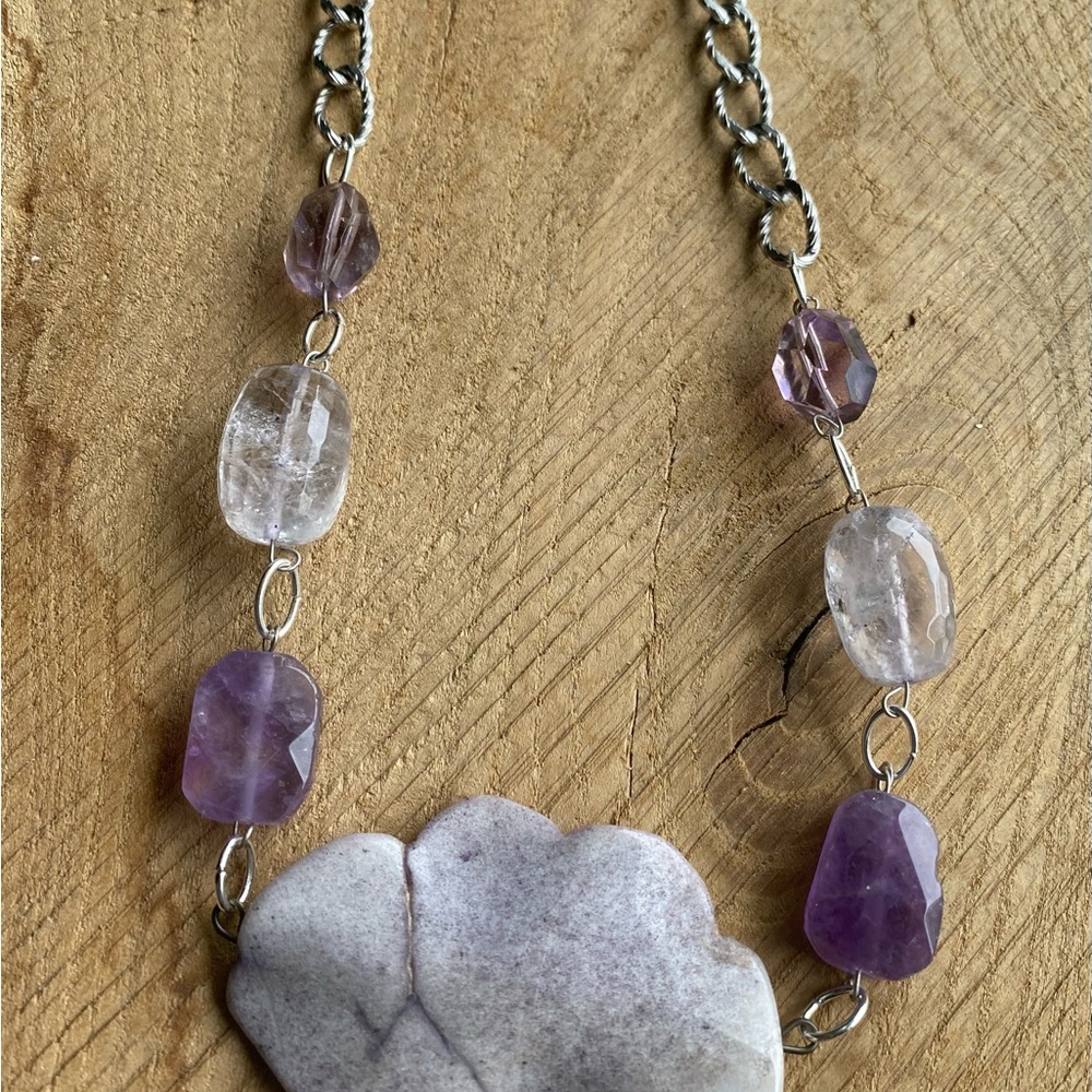 Purple Lace Agate and Amethyst Silver Tone Necklace - Picture 3 of 4
